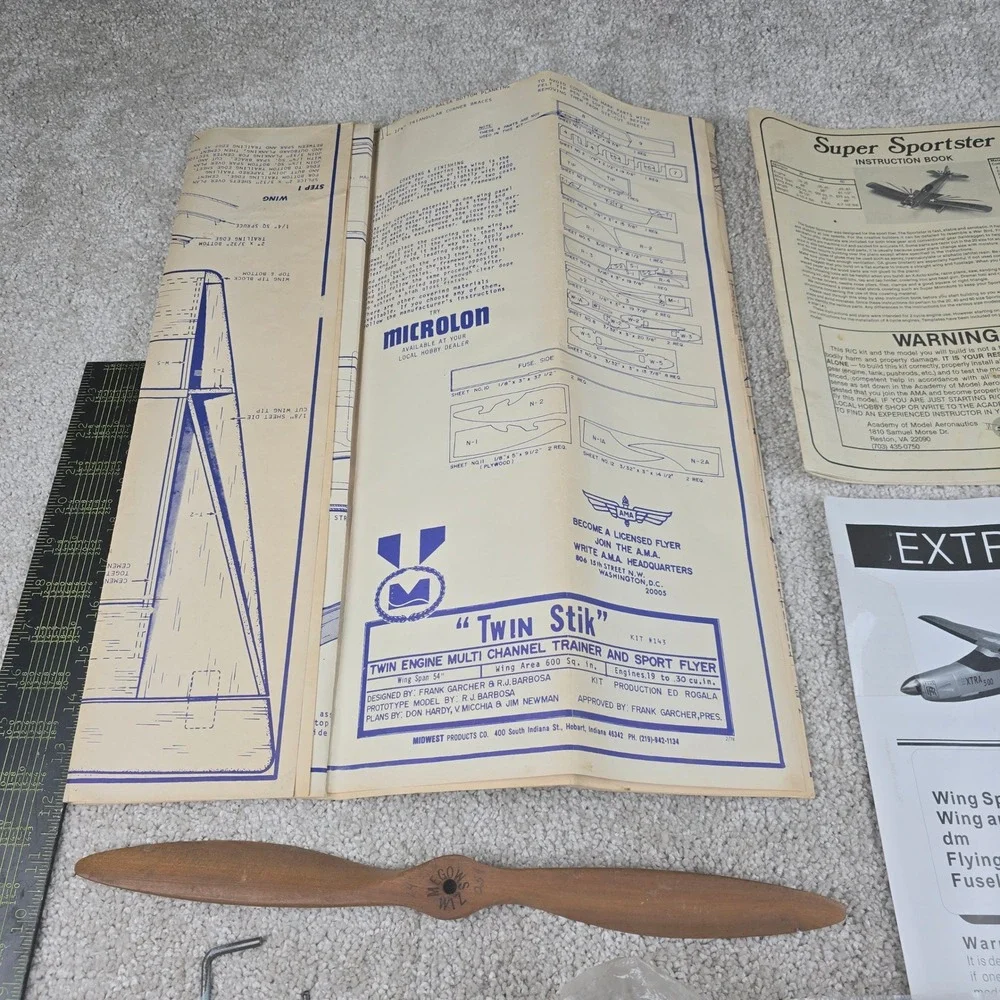 Midwest Twin Stik RC Airplane Parts Manuals Propeller Landing Gear Extra-500 Lot